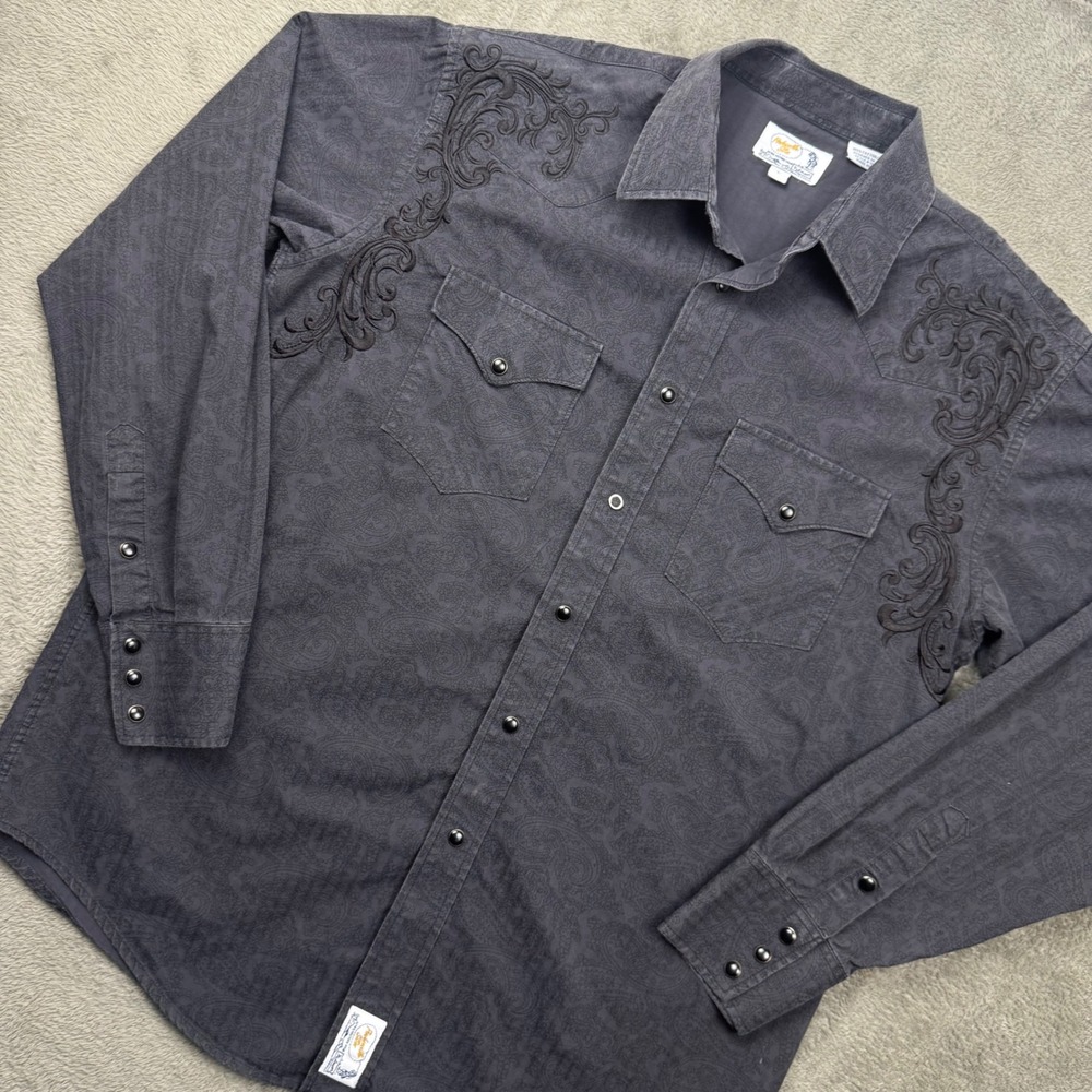 Panhandle Slim Western Shirt Mens L Grey Paisley Embroidered Pearl Snap Exc